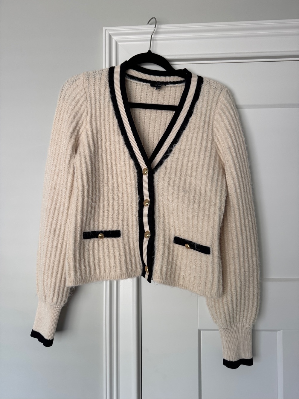 Express Cream Cardigan with Black Trim and Gold Buttons